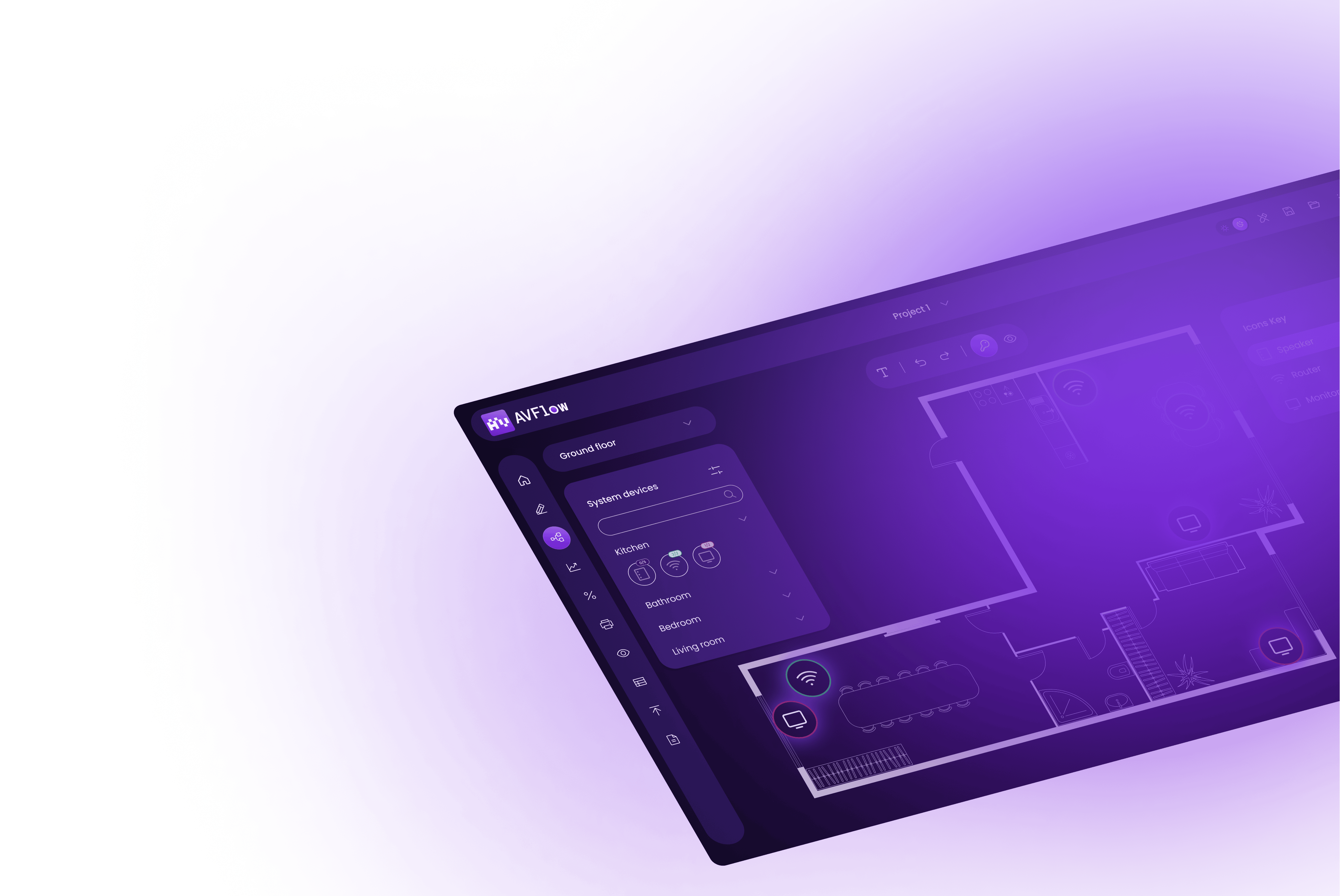 Dark-themed interface showing AV device planning, floorplan layout, and connection mapping tools.