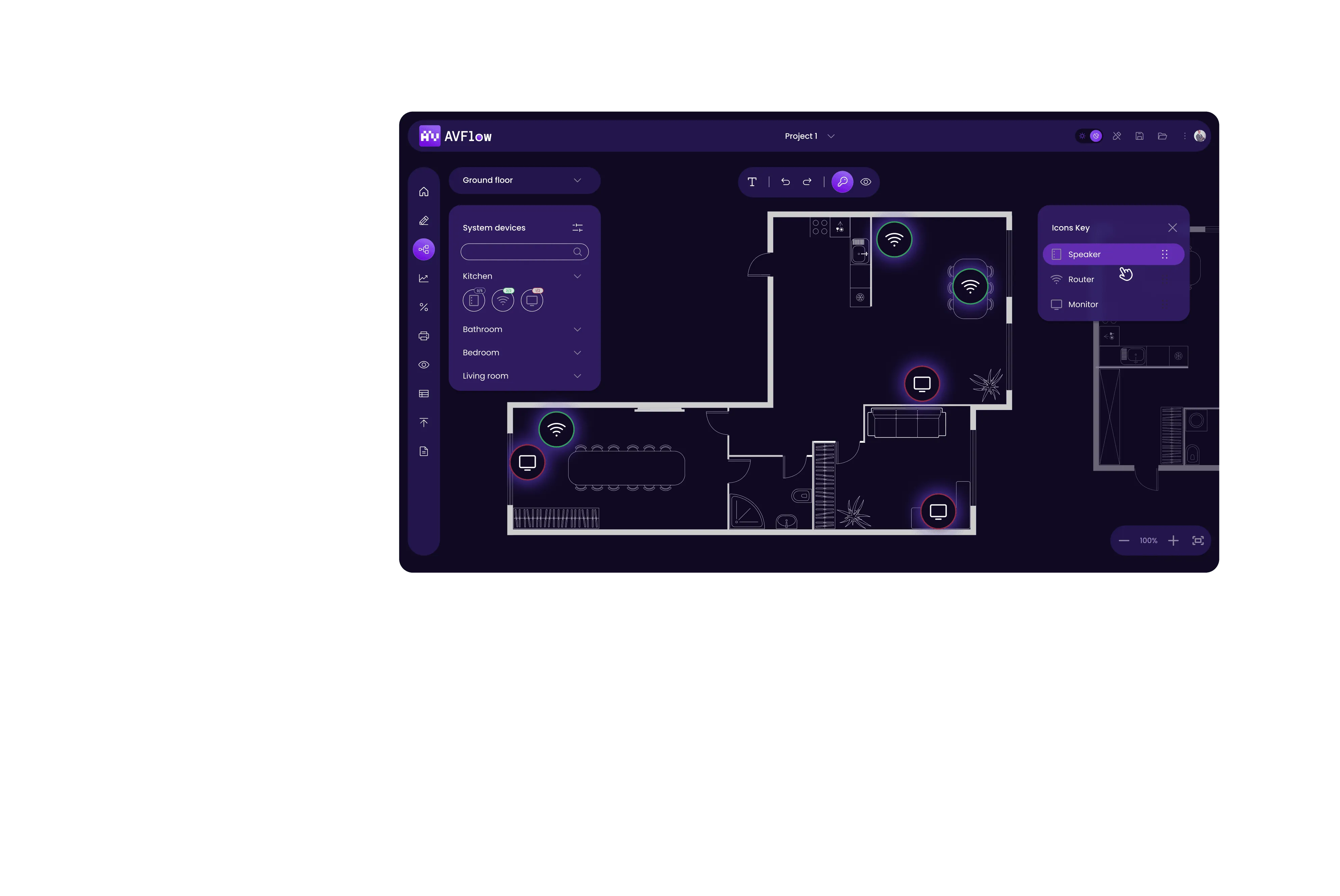 AVFlow app interface displaying a ground floor smart home layout with icons for WiFi, speaker, and monitor devices in kitchen, living room, and bedroom.
