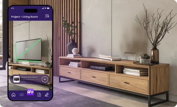 Modern living room setup with a wooden TV stand and a smartphone app measuring the TV screen diagonally.