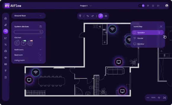 Digital floor plan interface showing a house layout with icons for speaker, router, and monitor devices and a menu for selecting system devices in different rooms.