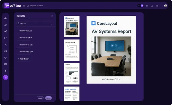AVFlow software interface displaying a CoreLayout AV Systems Report with images of a meeting room setup and report sections on the left.