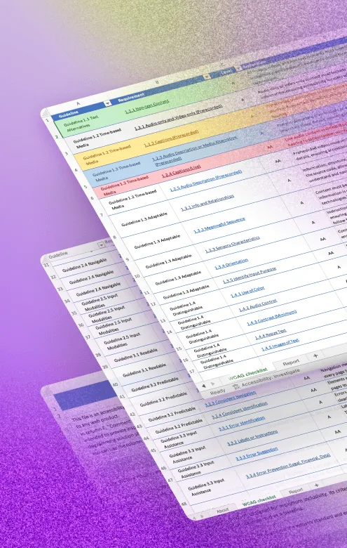 Angled view of accessibility checklist spreadsheet with WCAG guidelines, levels, and compliance status in color-coded rows.