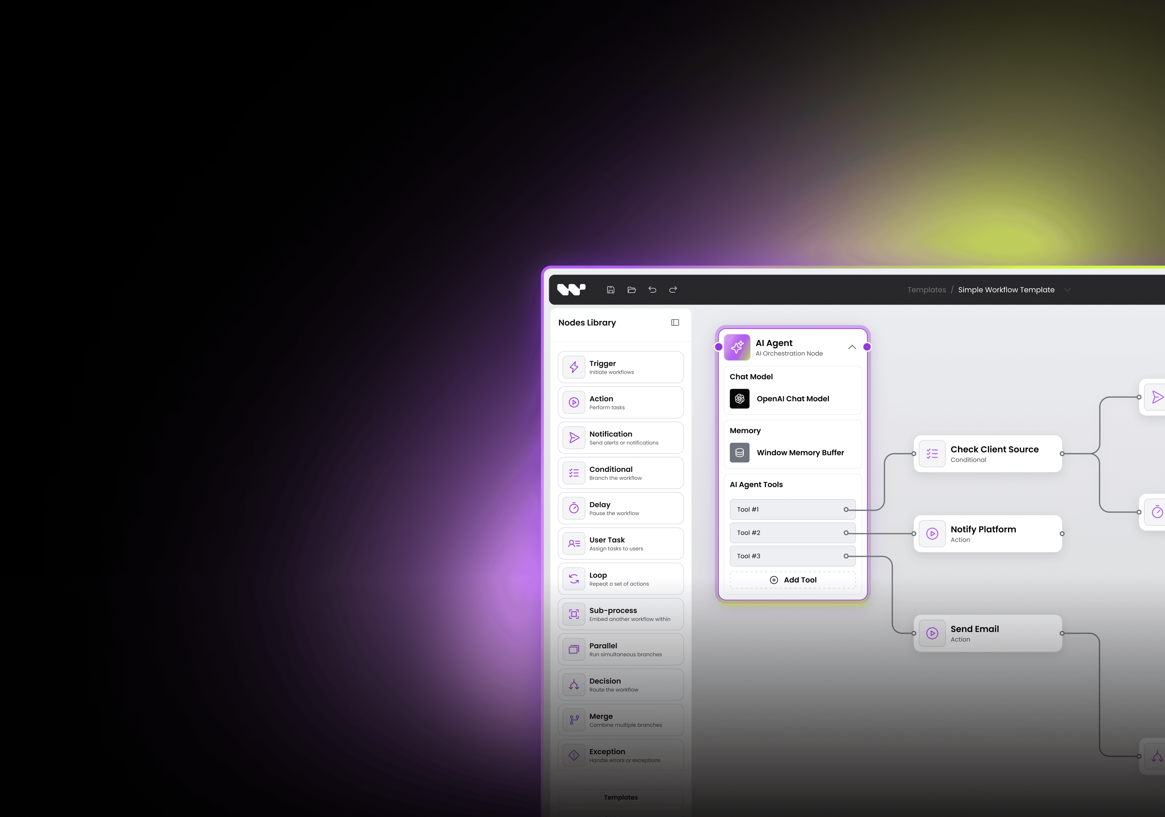 AI orchestration node connected to multiple workflow tools.
