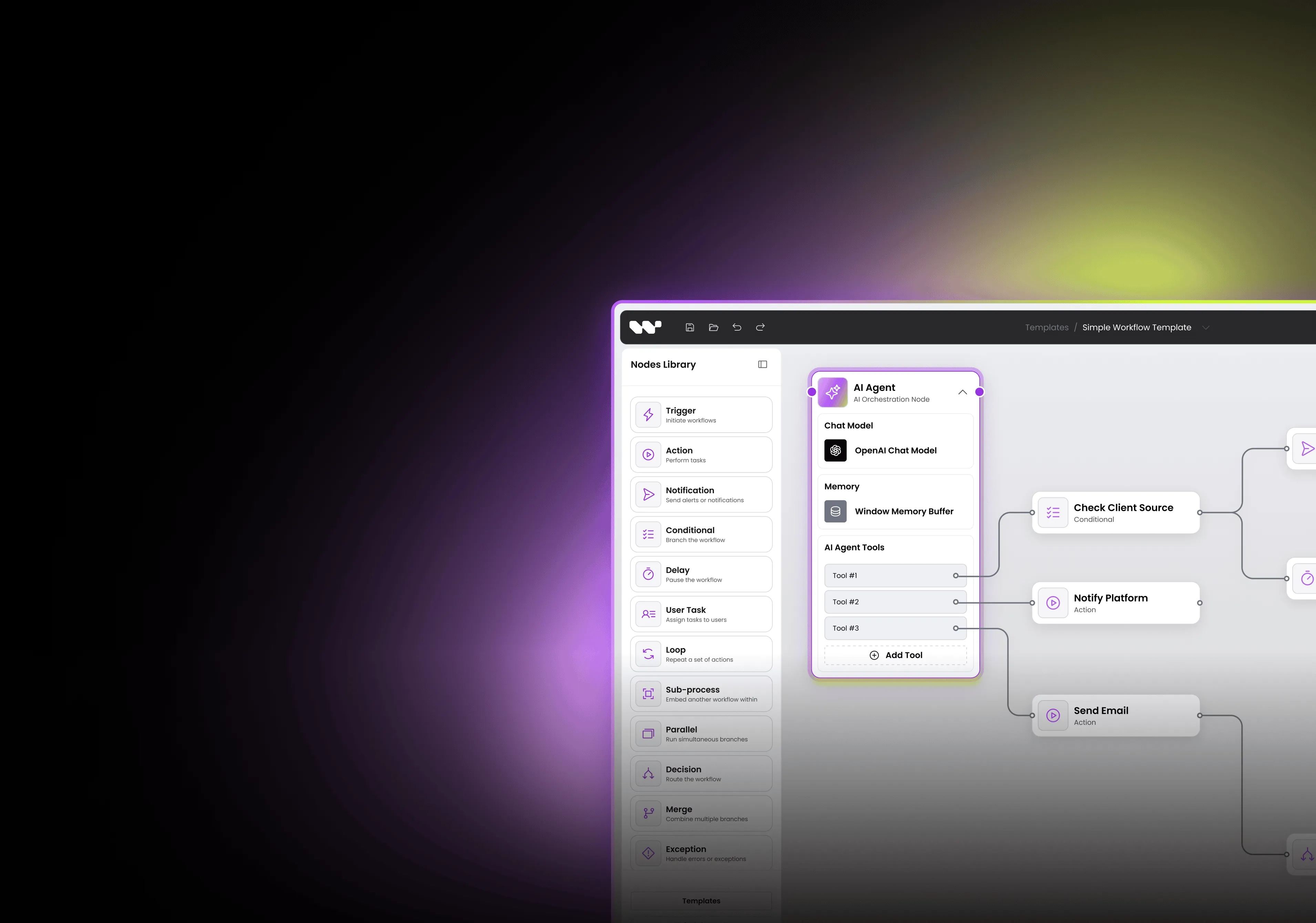 AI orchestration node connected to multiple workflow tools.
