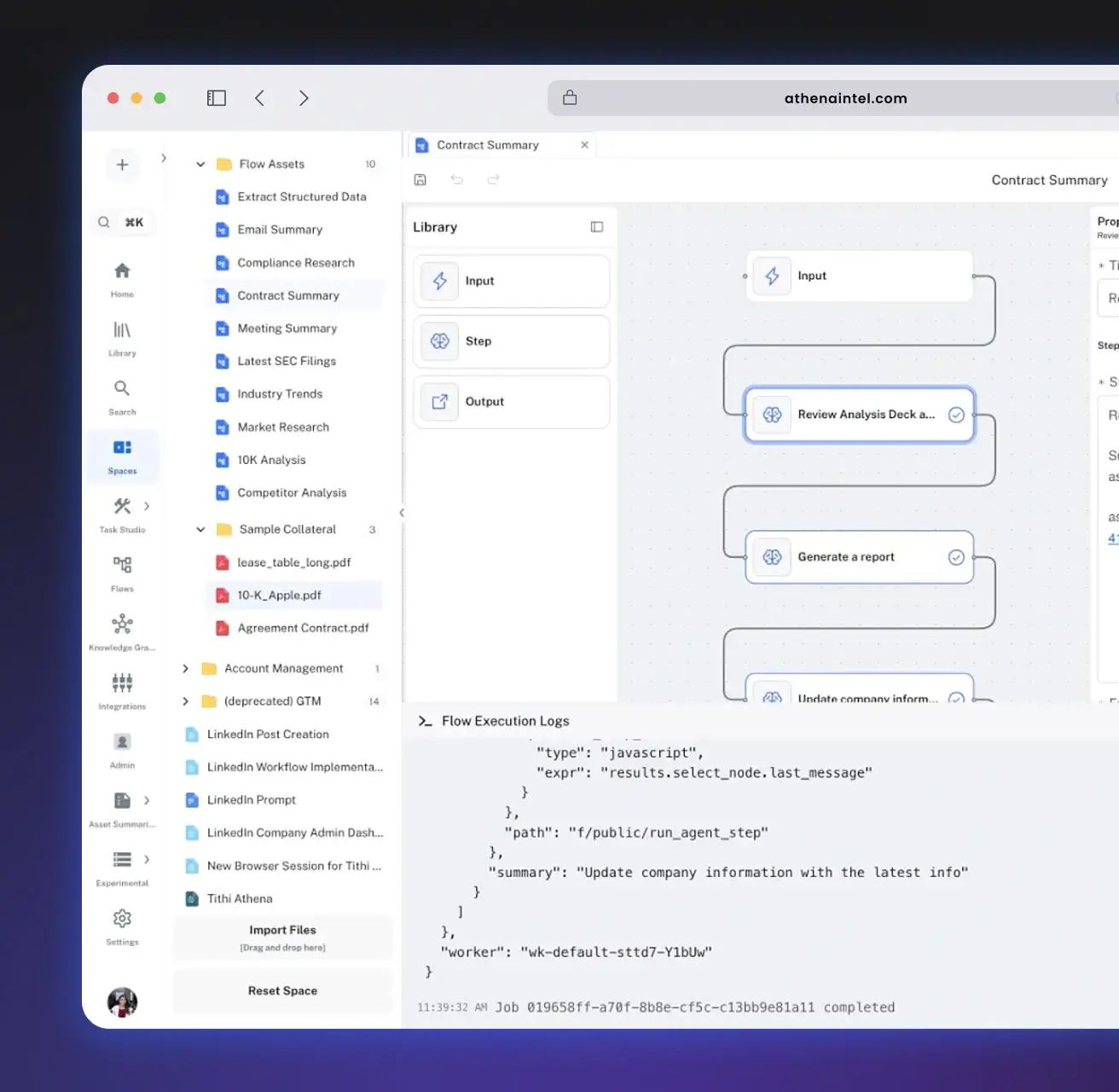 AI workflow builder interface for contract summarization.