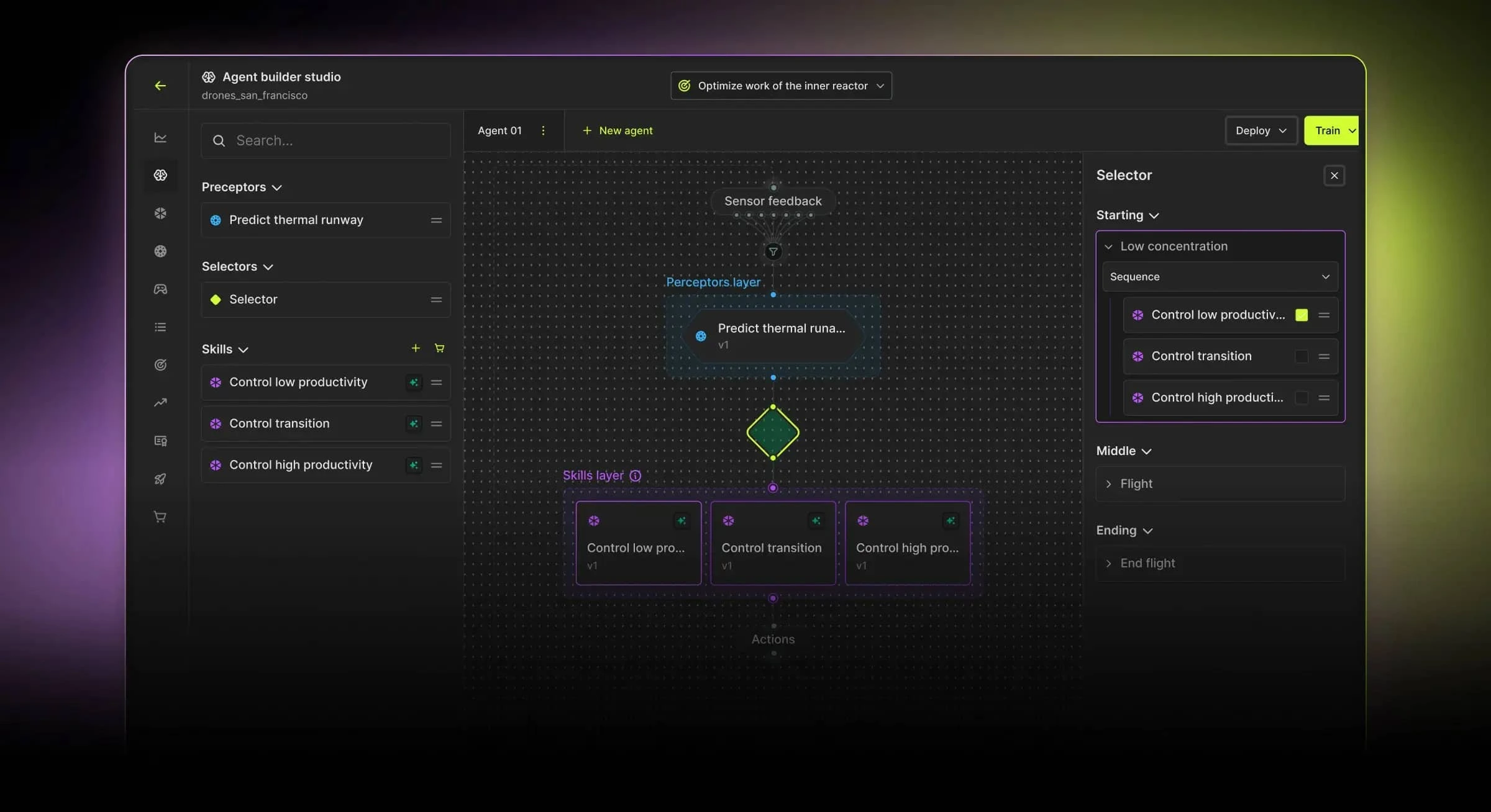 AI agent workflow design with nodes and automation steps.