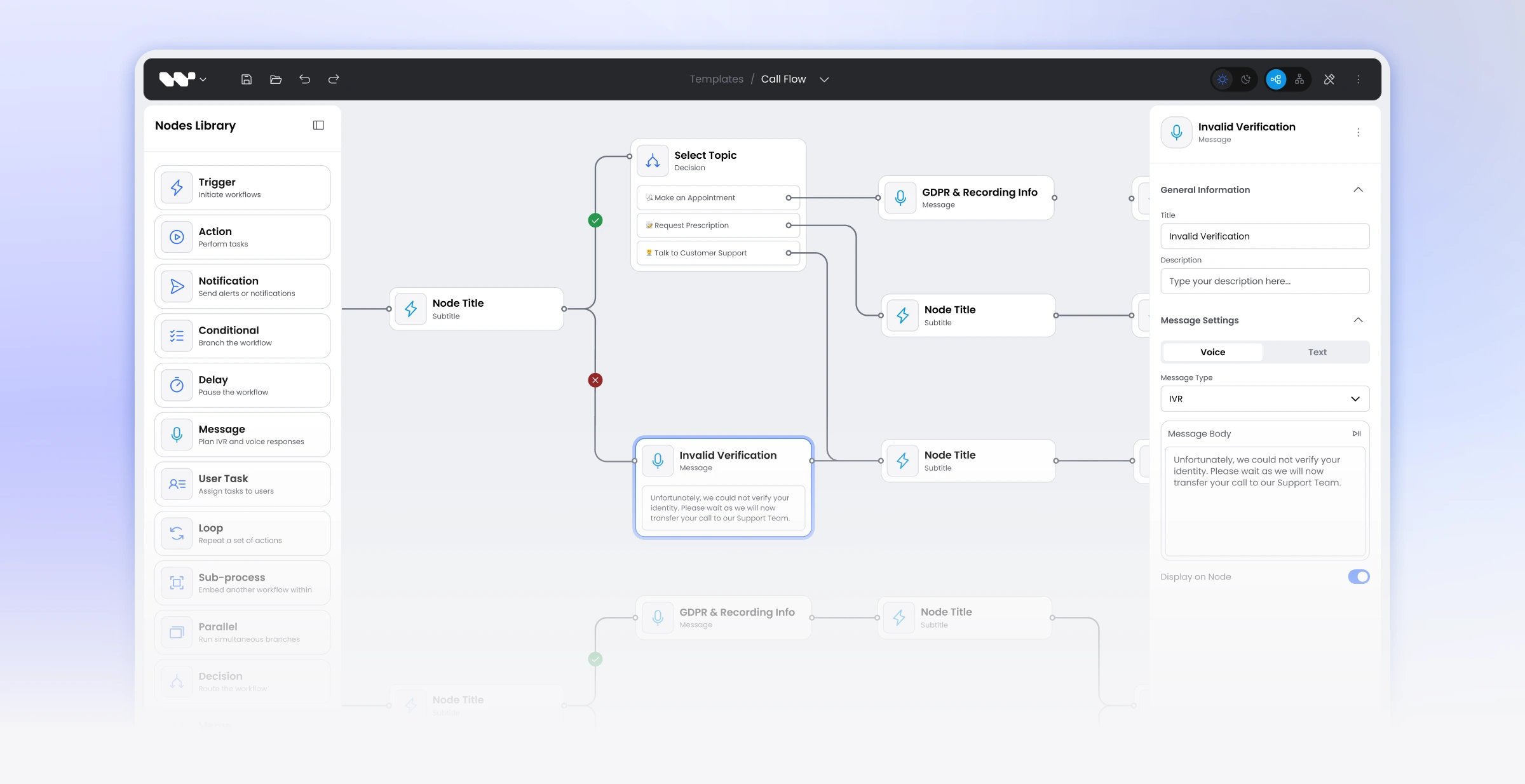 Visual workflow builder with drag-and-drop nodes for AI agents.