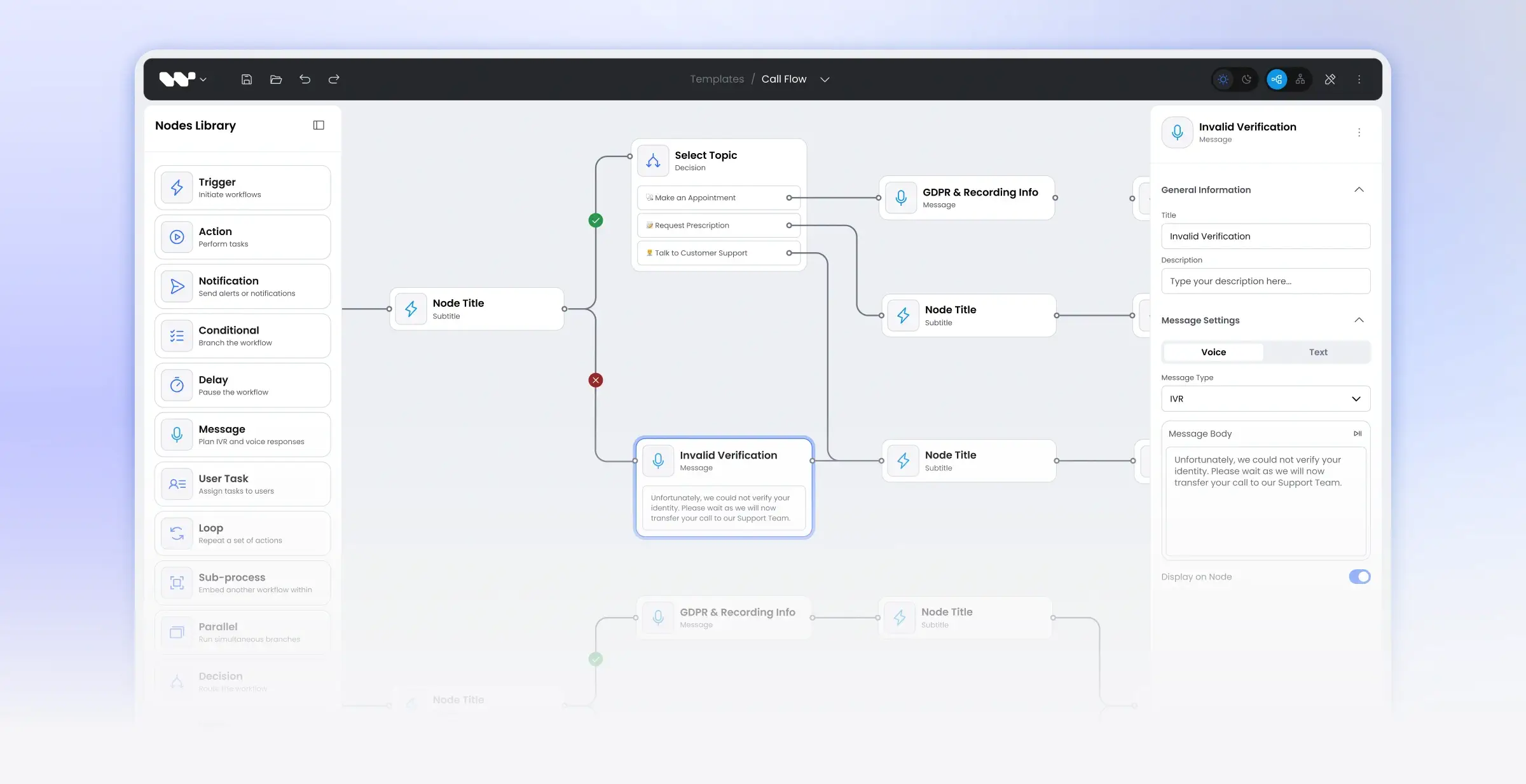 Visual workflow builder with drag-and-drop nodes for AI agents.