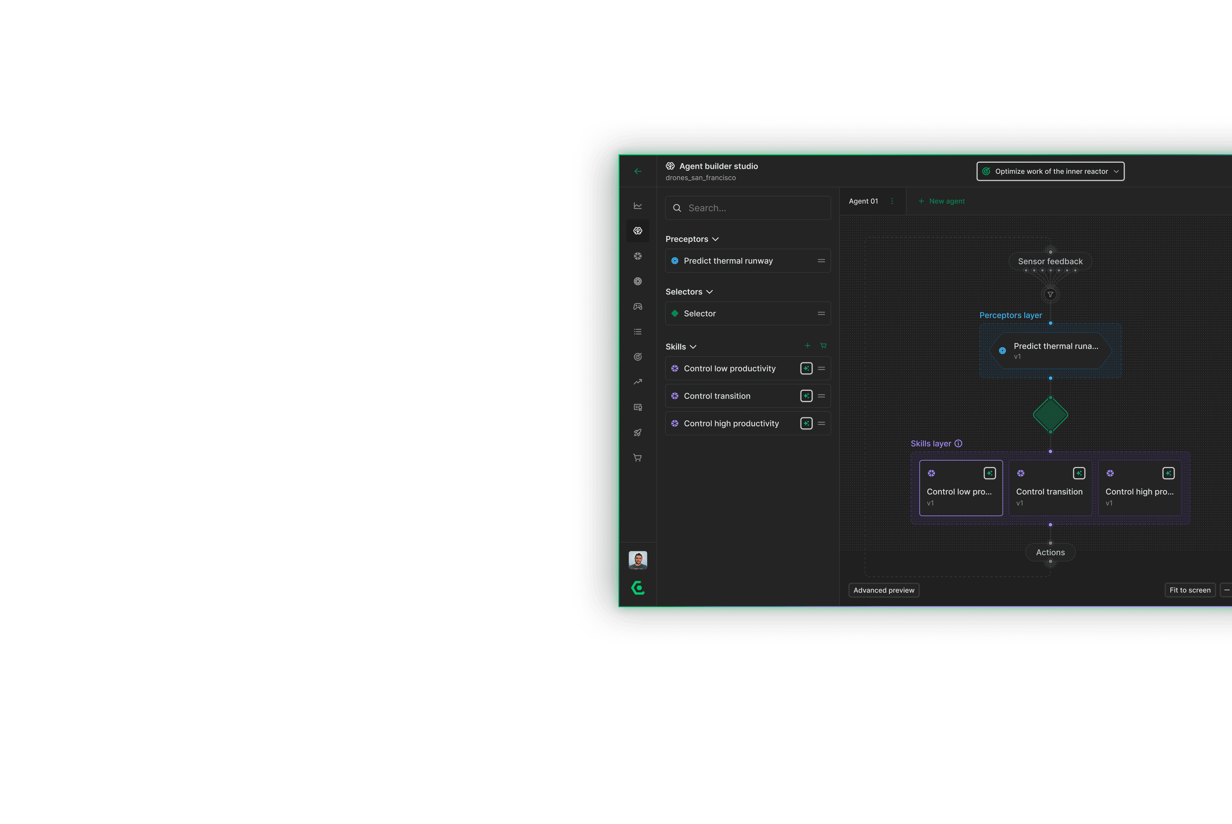 No-code agent builder interface showing AI training logic with preceptors, selectors, and skills in a flow diagram.