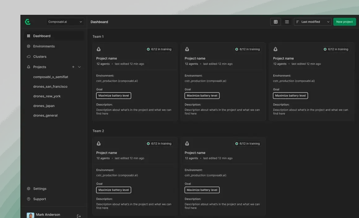 Project dashboard with multiple agent teams, training progress, and battery optimization goals.