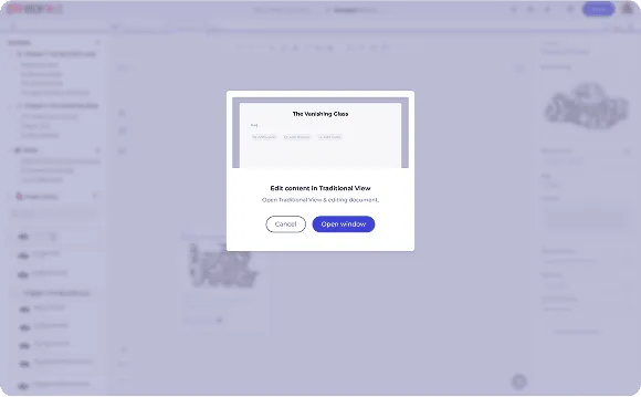 Popup window in a document editor interface offering to edit content in traditional view with Cancel and Open window buttons.