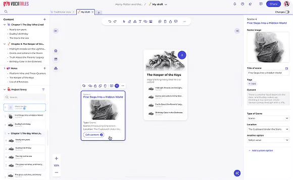 Screenshot of VocAtales app interface showing a story draft with scenes and content cards for 'The Keeper of the Keys' chapter including a grayscale illustration of stacked books.