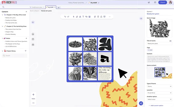 Screen of Vocatales app showing a story scene titled 'Nearly ten years' with nine story elements including illustrated tiles and text, along with editing options and scene details on the right.