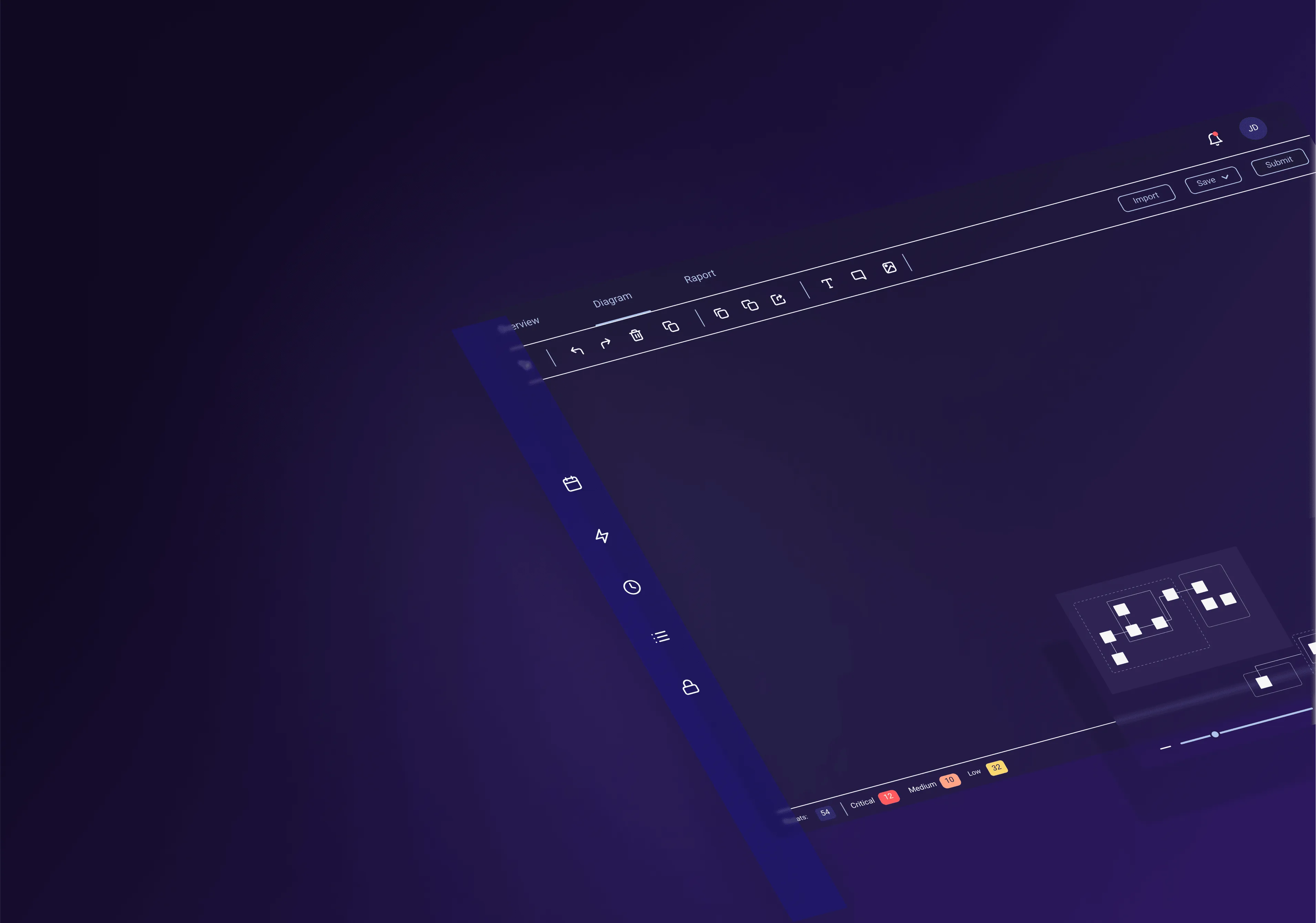 User interface of a software architecture tool with menu icons, diagram editing options, alerts, and a flowchart diagram preview on a dark background.