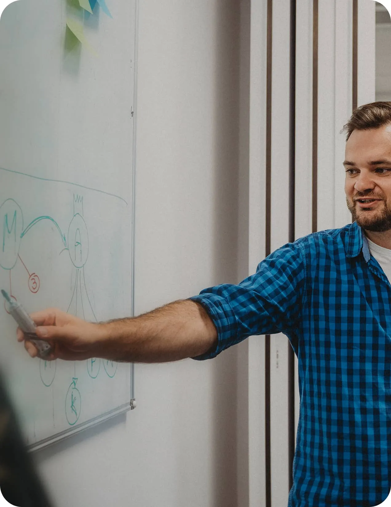 Man in blue checkered shirt pointing at a whiteboard with diagrams drawn on it.