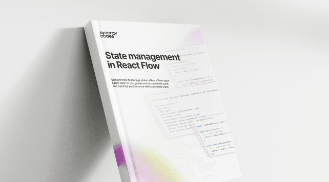 Book cover titled "State management in React Flow" with code snippets in the background.