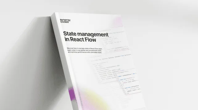 Book cover titled "State management in React Flow" with code snippets in the background.