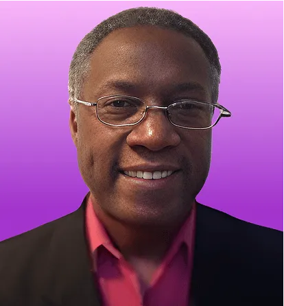 Portrait of a smiling man in glasses, black jacket, and red shirt on a purple background.