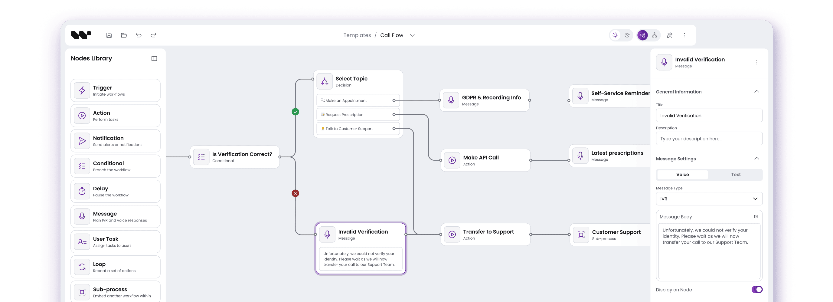 Call flow builder with nodes for verification, GDPR info, API calls, and customer support.