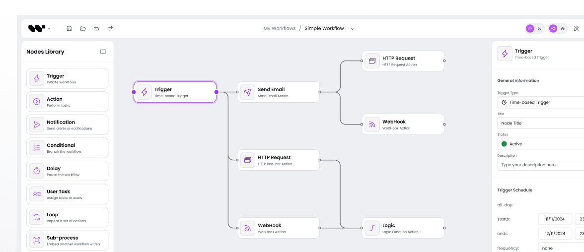 Workflow editor showing trigger, email, HTTP request, webhook, and logic nodes.
