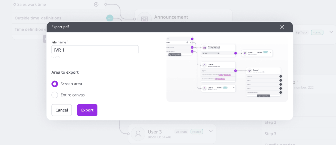 Export screen showing IVR workflow with option to save as PDF.