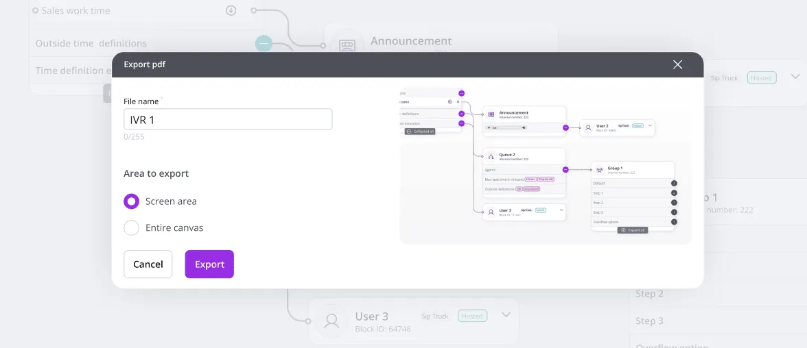 Export screen showing IVR workflow with option to save as PDF.