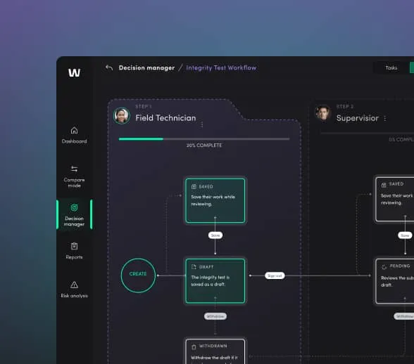 Workflow interface showing decision steps for Field Technician and Supervisor with stages like saved, draft, and pending status in a task management system.