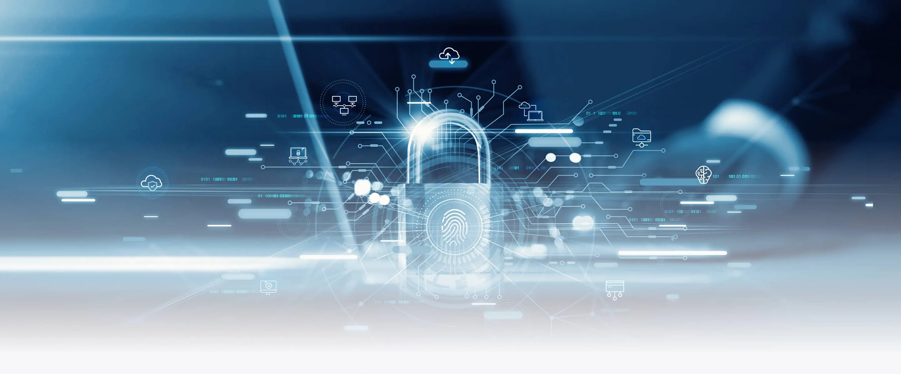 Digital padlock with fingerprint icon surrounded by technology and security-themed network symbols on a blurred background.