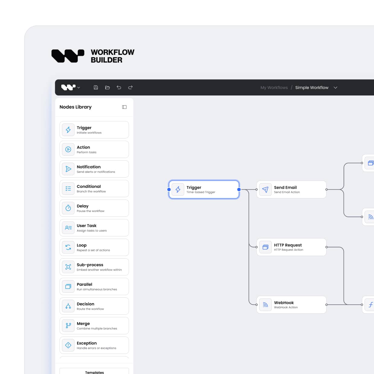 Workflow Builder interface showing a nodes library with options like Trigger, Action, Notification, and a simple workflow diagram with Trigger starting branches to Send Email, HTTP Request, and WebHook actions.