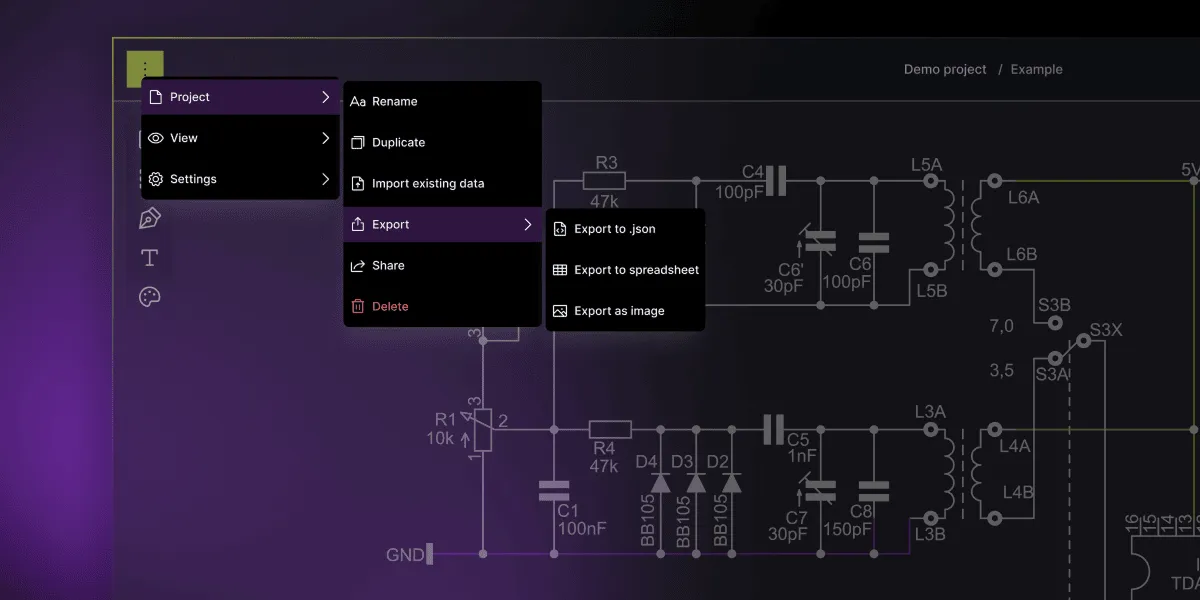 A project settings menu expanded to show export options, including “Export to .json,” “Export to spreadsheet,” and “Export as image,” overlaid on a schematic diagram.