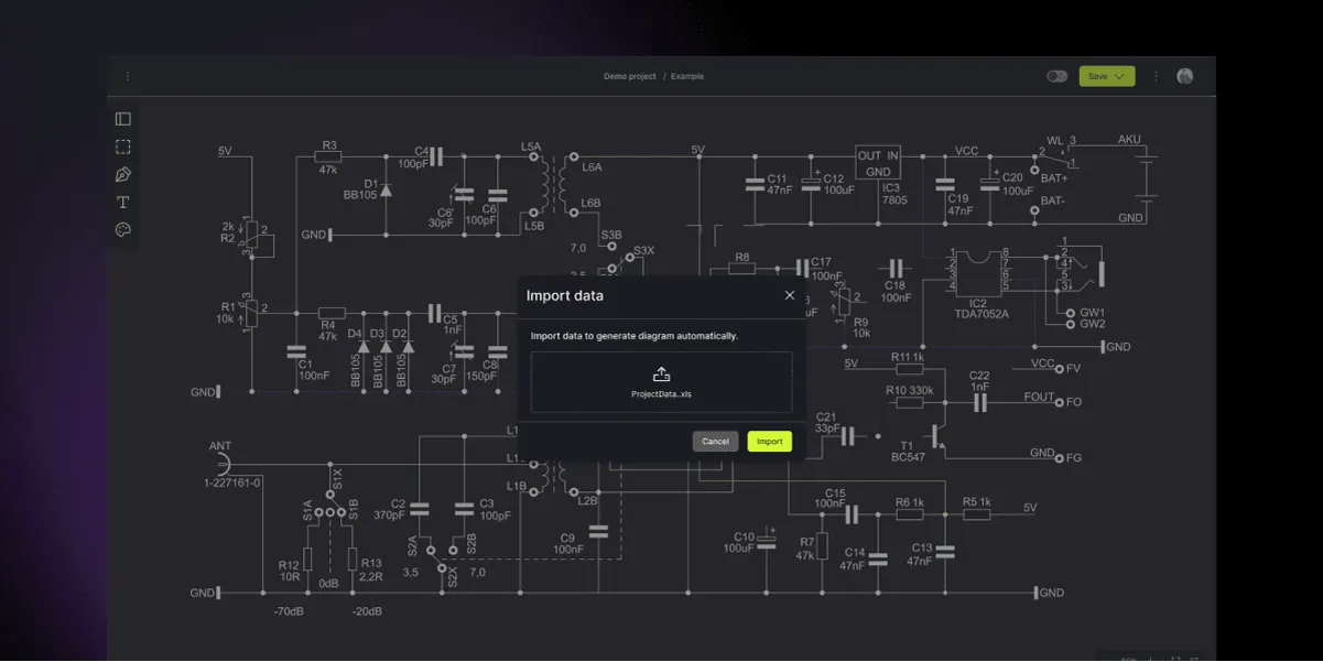 A circuit diagram editor with an “Import data” dialog centered, prompting the user to upload a spreadsheet file to automatically generate the diagram.