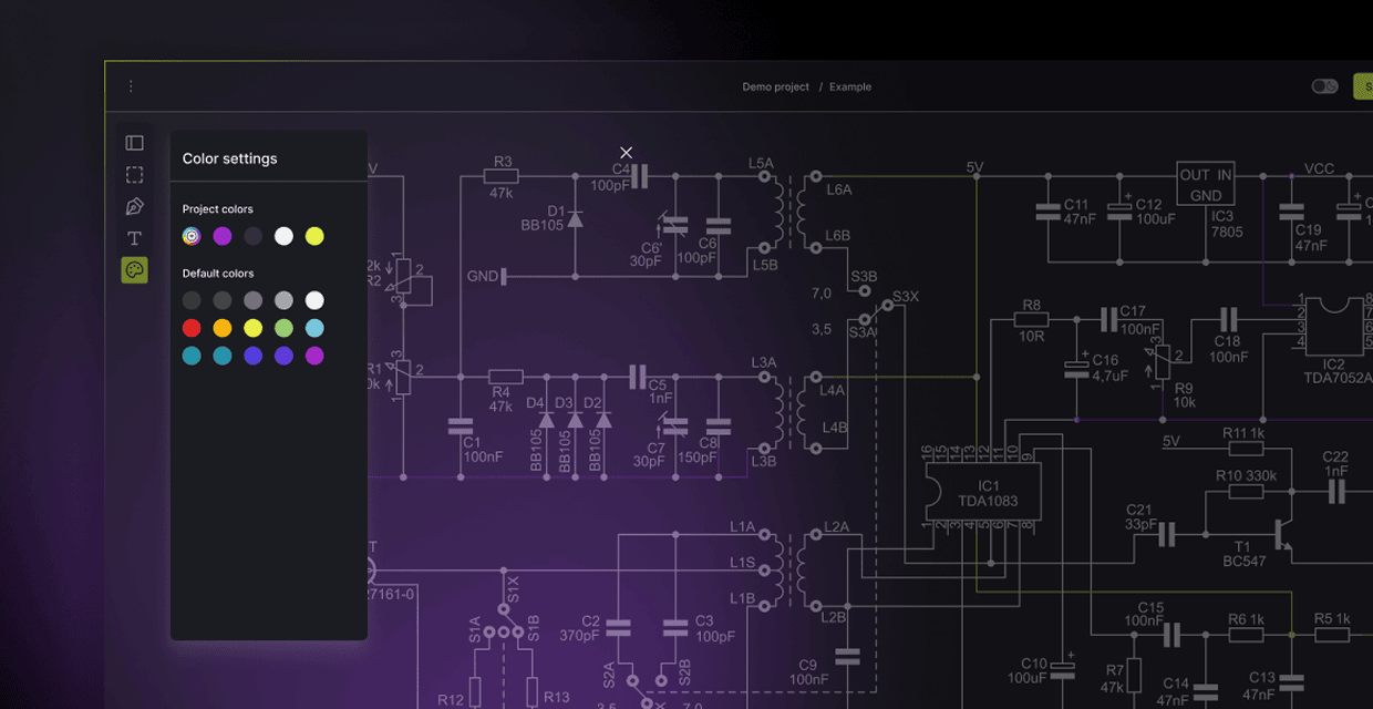A circuit diagram editor with the color settings panel open. The panel displays a palette of custom and default colors for visually adjusting elements in the diagram.