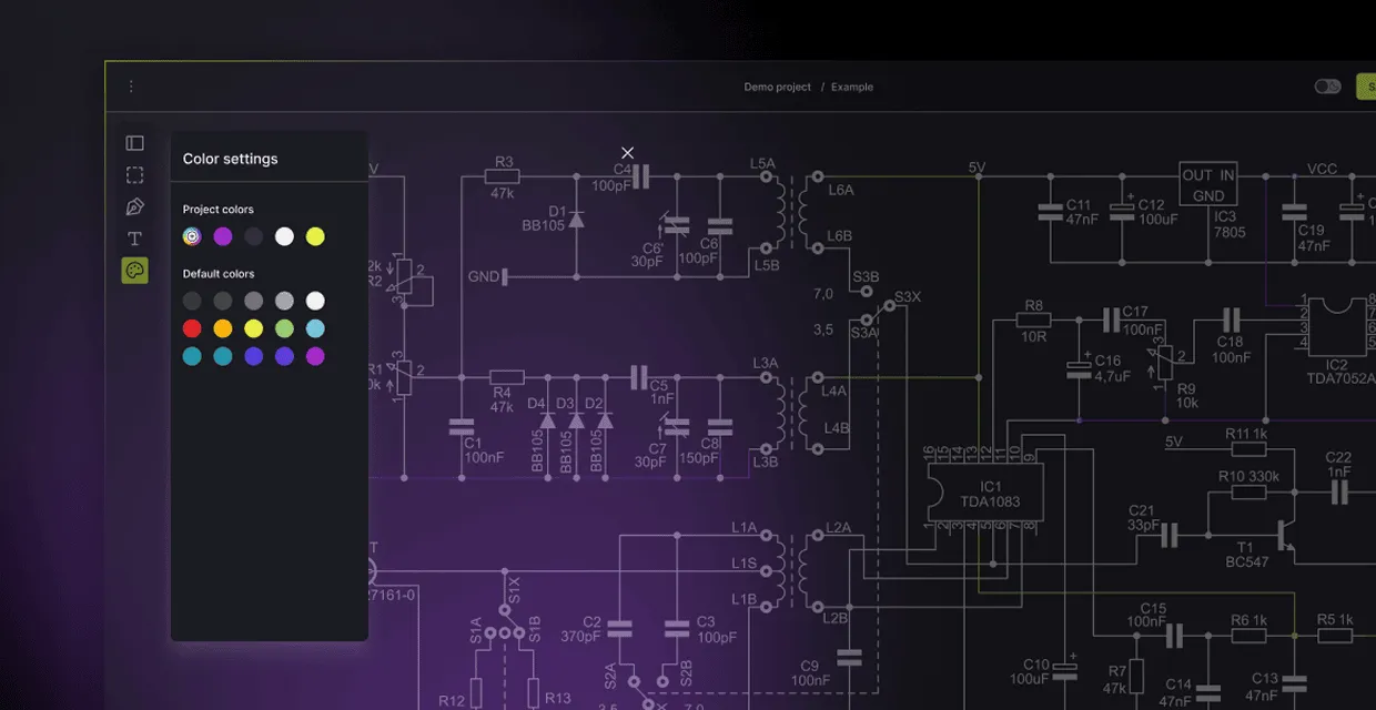A circuit diagram editor with the color settings panel open. The panel displays a palette of custom and default colors for visually adjusting elements in the diagram.