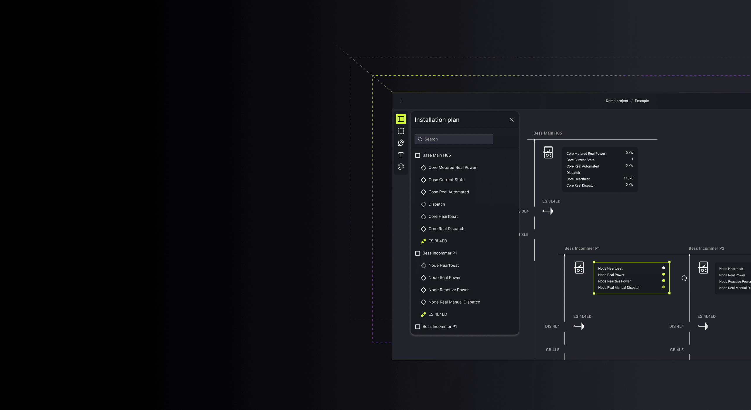 A dark interface displaying an “Installation plan” panel on the left and a power system diagram on the right, showing data nodes and status indicators on a black background with neon yellow highlights.