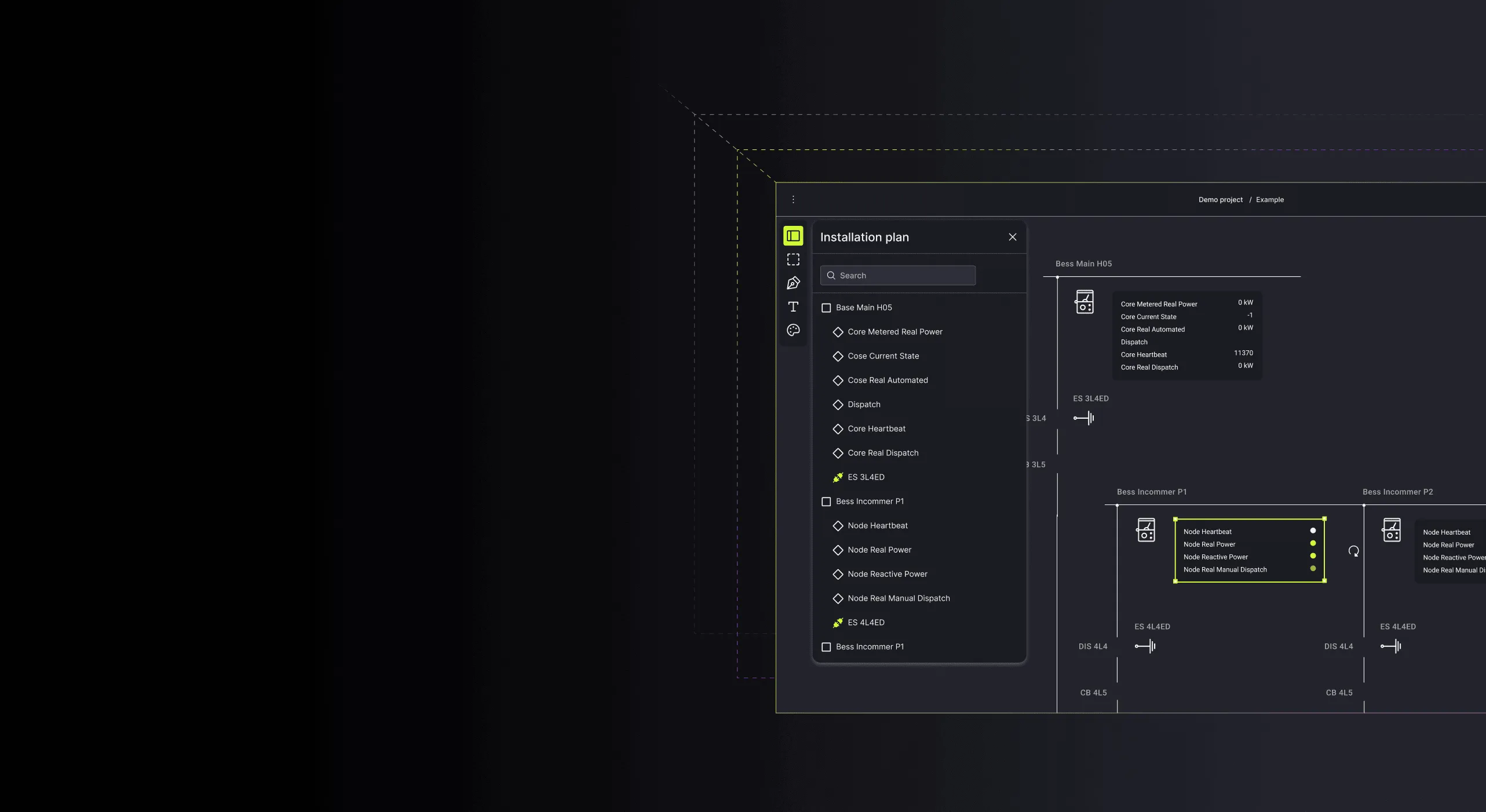 A dark interface displaying an “Installation plan” panel on the left and a power system diagram on the right, showing data nodes and status indicators on a black background with neon yellow highlights.
