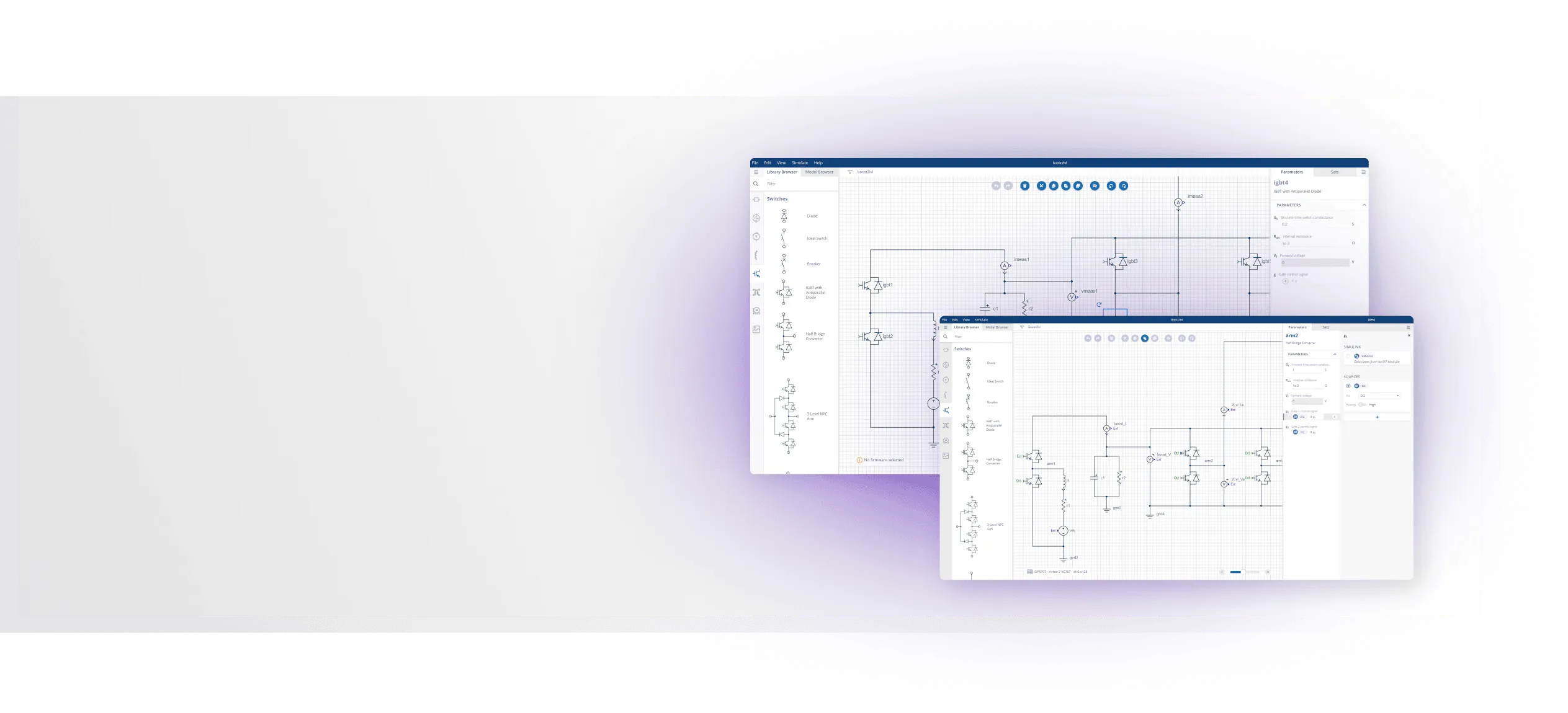 A white and purple gradient background with two overlapping screenshots of an electrical circuit diagram editor, showing schematic components, grid layout, and configuration panels.
