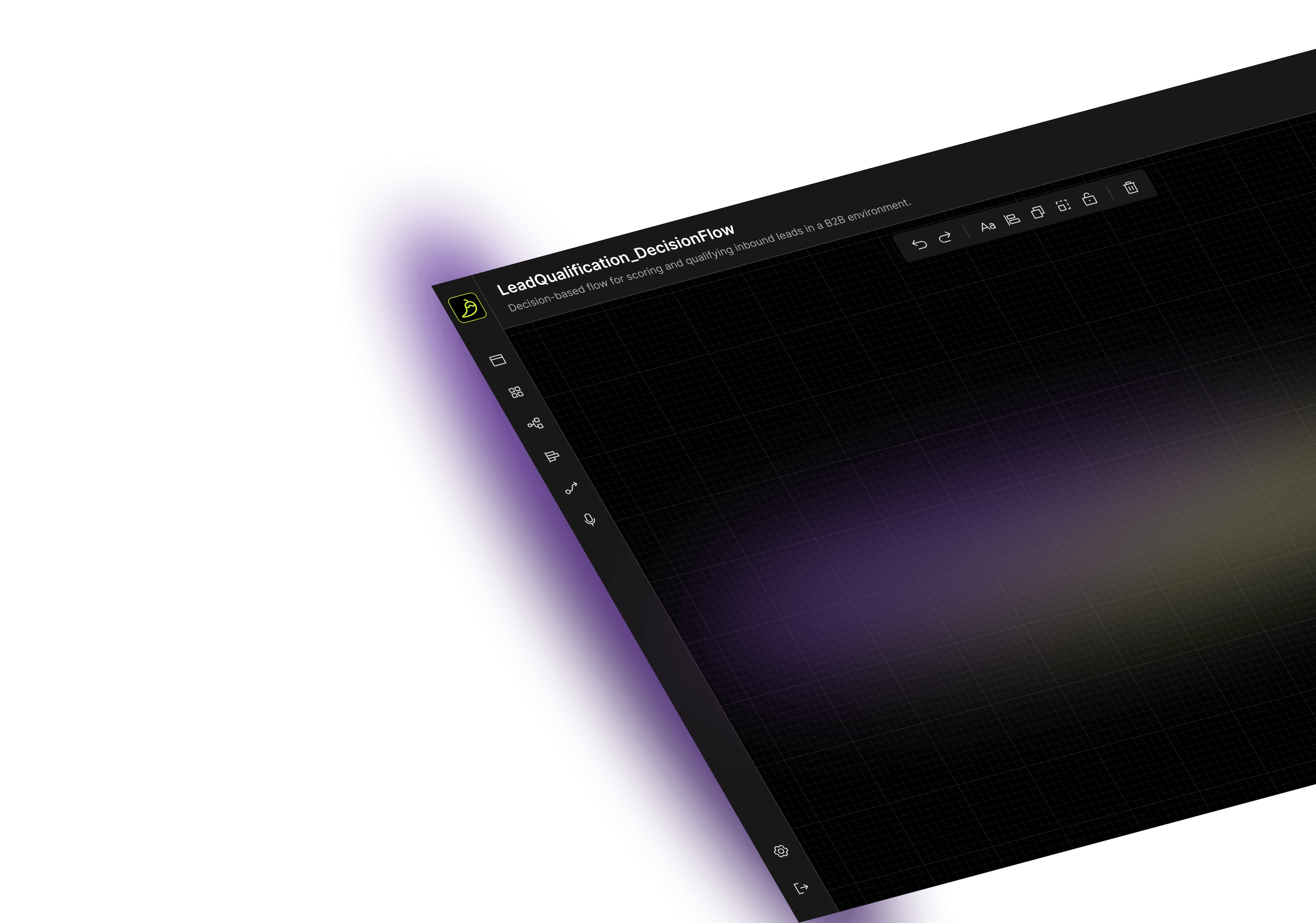Screenshot of a software interface displaying a decision flow named LeadQualification_DecisionFlow for scoring and qualifying inbound leads in a B2B environment.