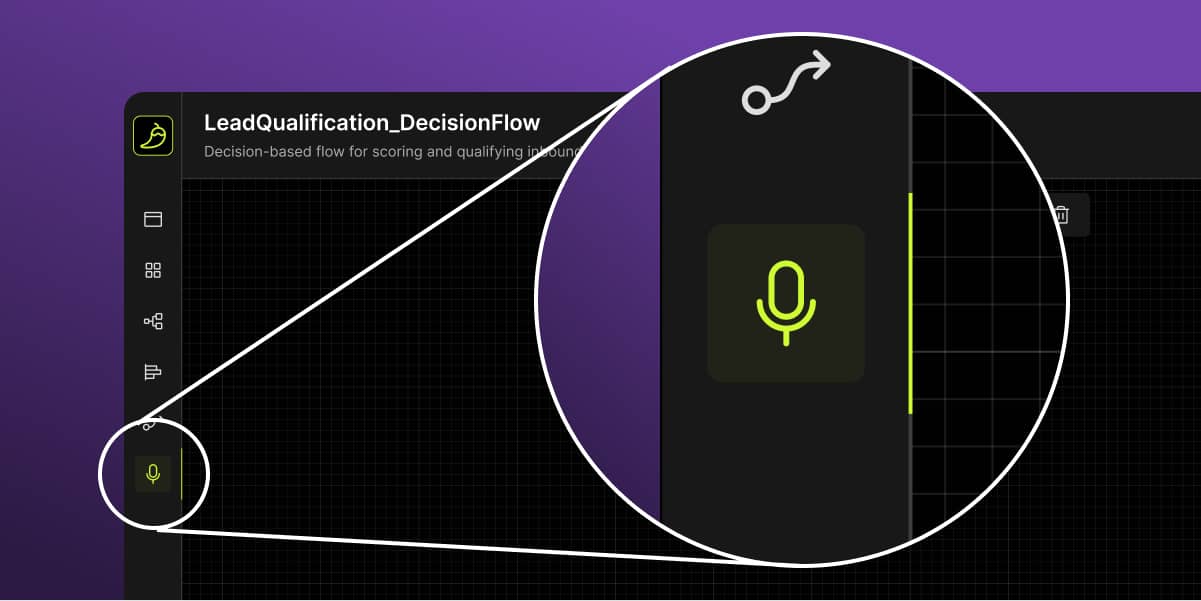 Screenshot of a software interface titled LeadQualification_DecisionFlow with a sidebar showing a highlighted microphone icon, magnified in a circular zoom.