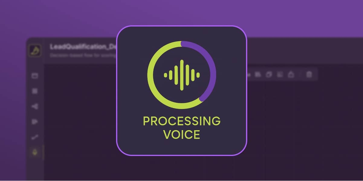 Circular loading icon with green and purple segments and a sound wave symbol inside, labeled 'PROCESSING VOICE'.