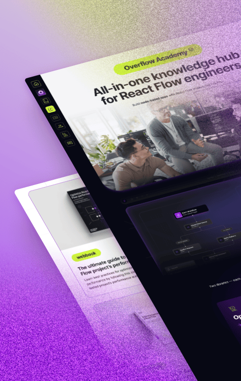 Layered web page screenshots showing Overflow Academy's knowledge hub for React Flow engineers with sidebar icons and a flowchart diagram.