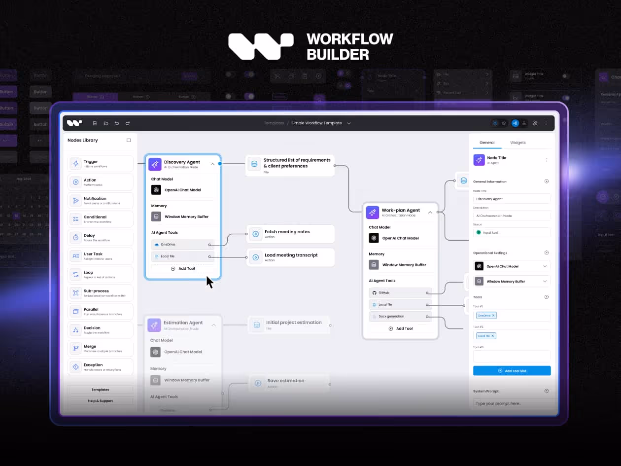 User interface of Workflow Builder software showing nodes library and AI agent workflow connections for task automation.