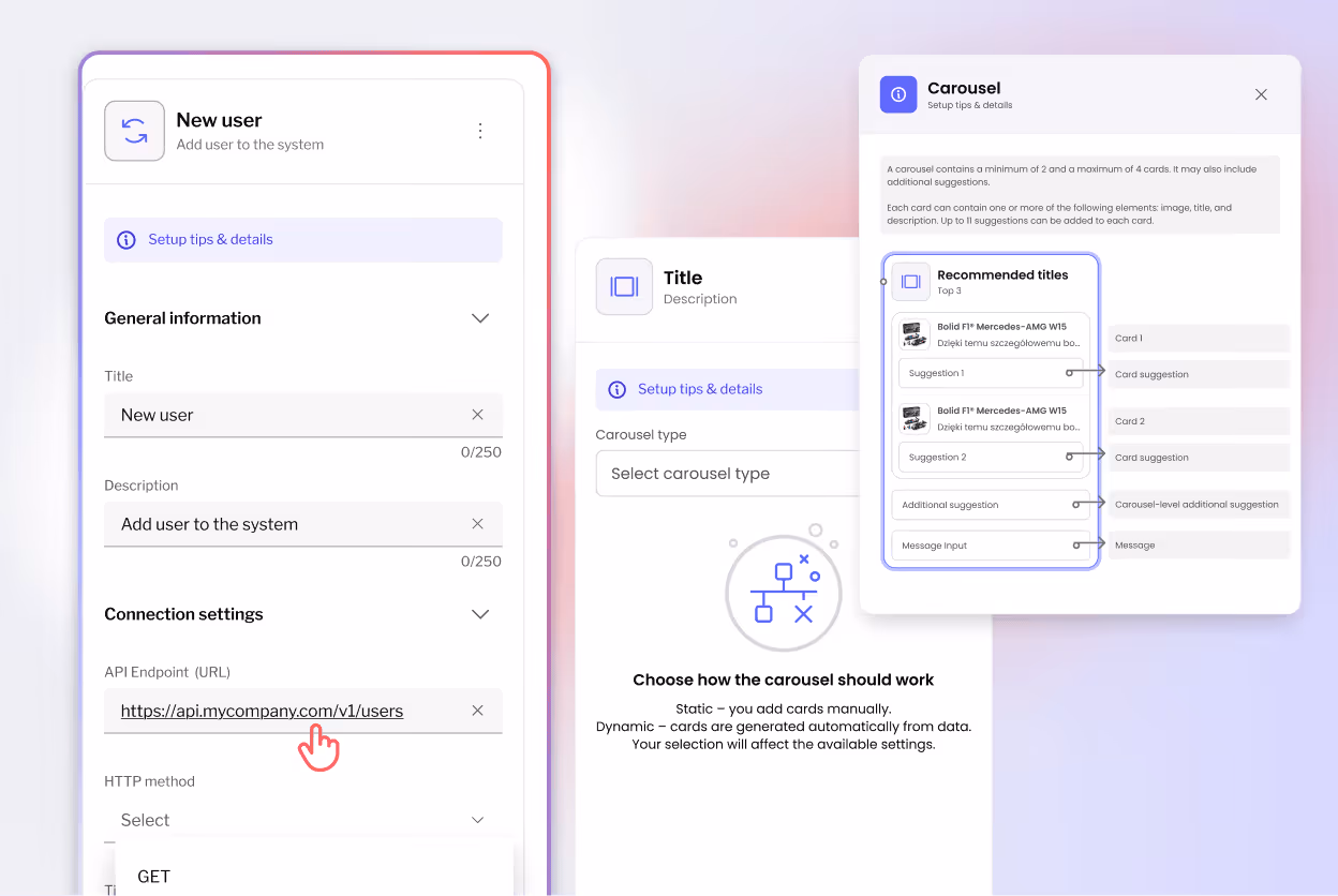 User interface for setting up a new user with general information fields for title and description, and connection settings including an API endpoint URL; also showing carousel setup tips and details with options to select carousel type and recommended card titles.