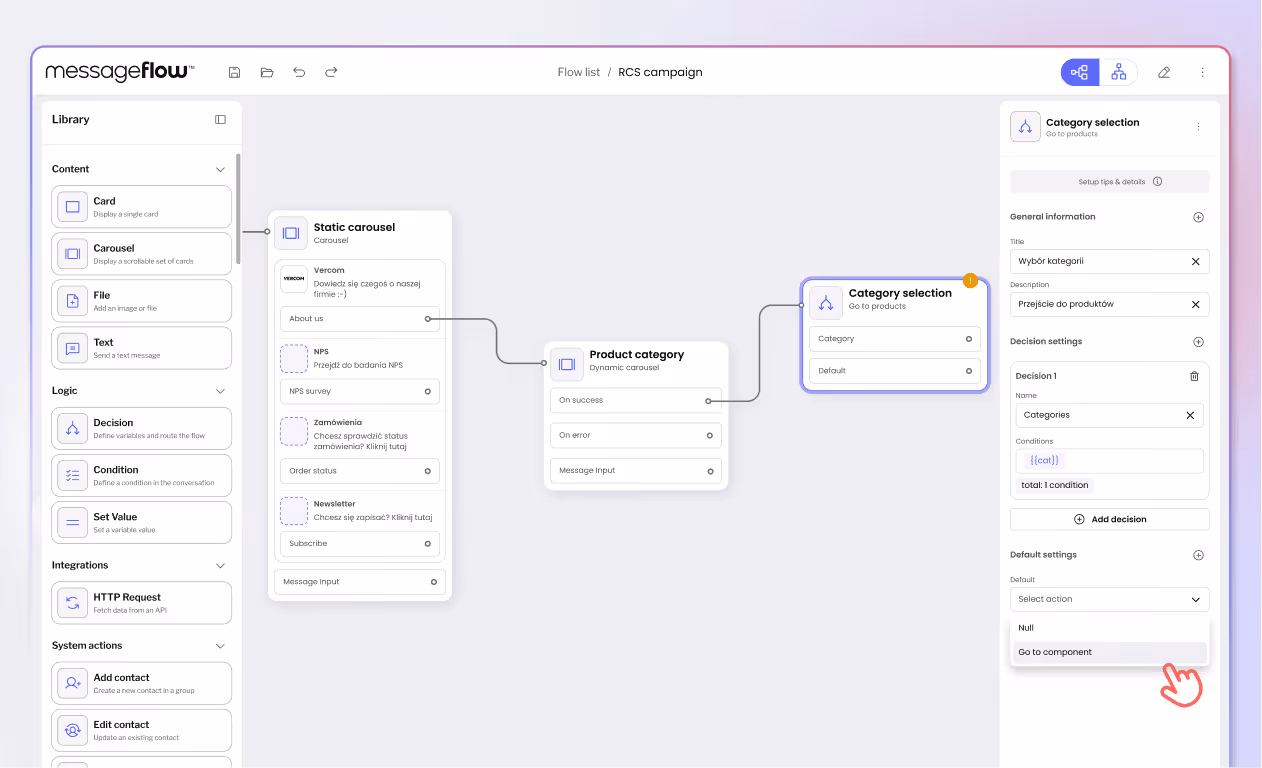 MessageFlow interface showing an RCS campaign flow with a content library on the left, a static carousel with Polish text in the middle, connected to a dynamic product category, leading to a category selection decision with settings visible on the right.