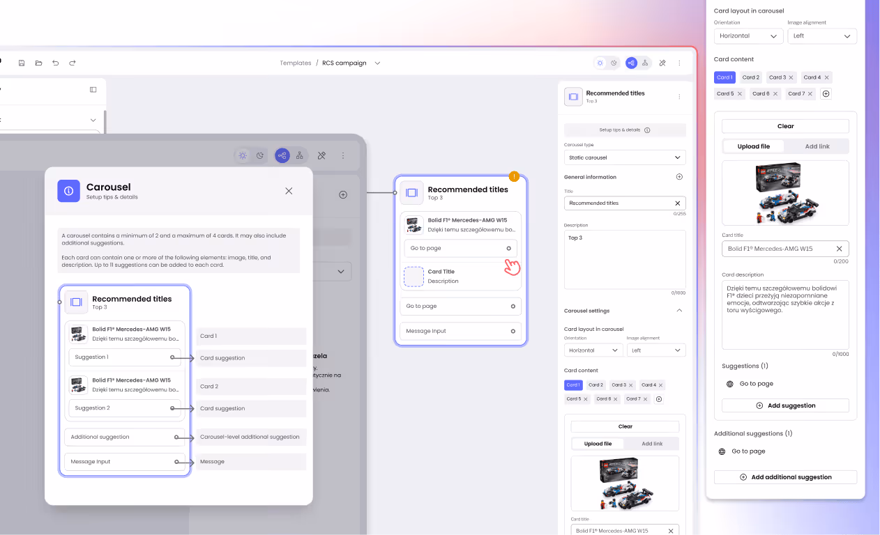 Screenshot of a UI for setting up a carousel with recommended titles, card suggestions, upload file option, and card content details including titles and descriptions.