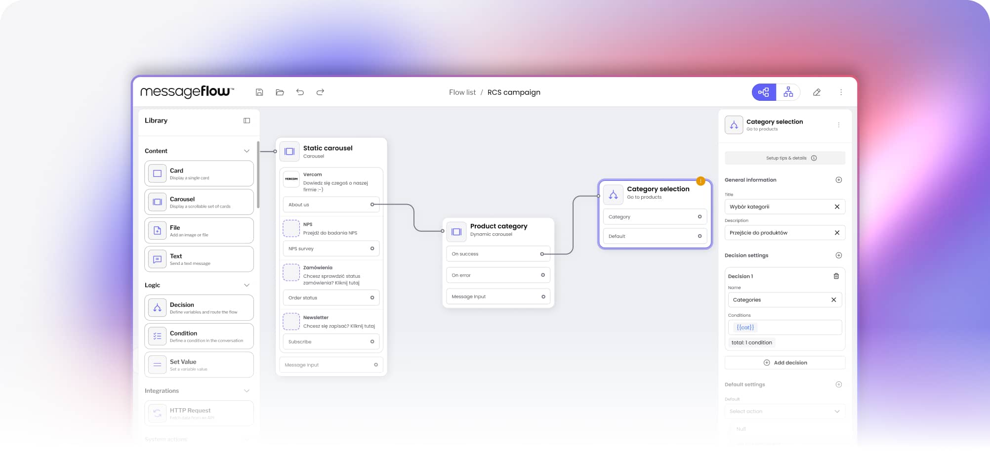 User interface of MessageFlow software showing a message flow for an RCS campaign with Content and Logic modules on the left, a Static carousel connected to Product category dynamic carousel, and a Category selection panel with decision settings on the right.