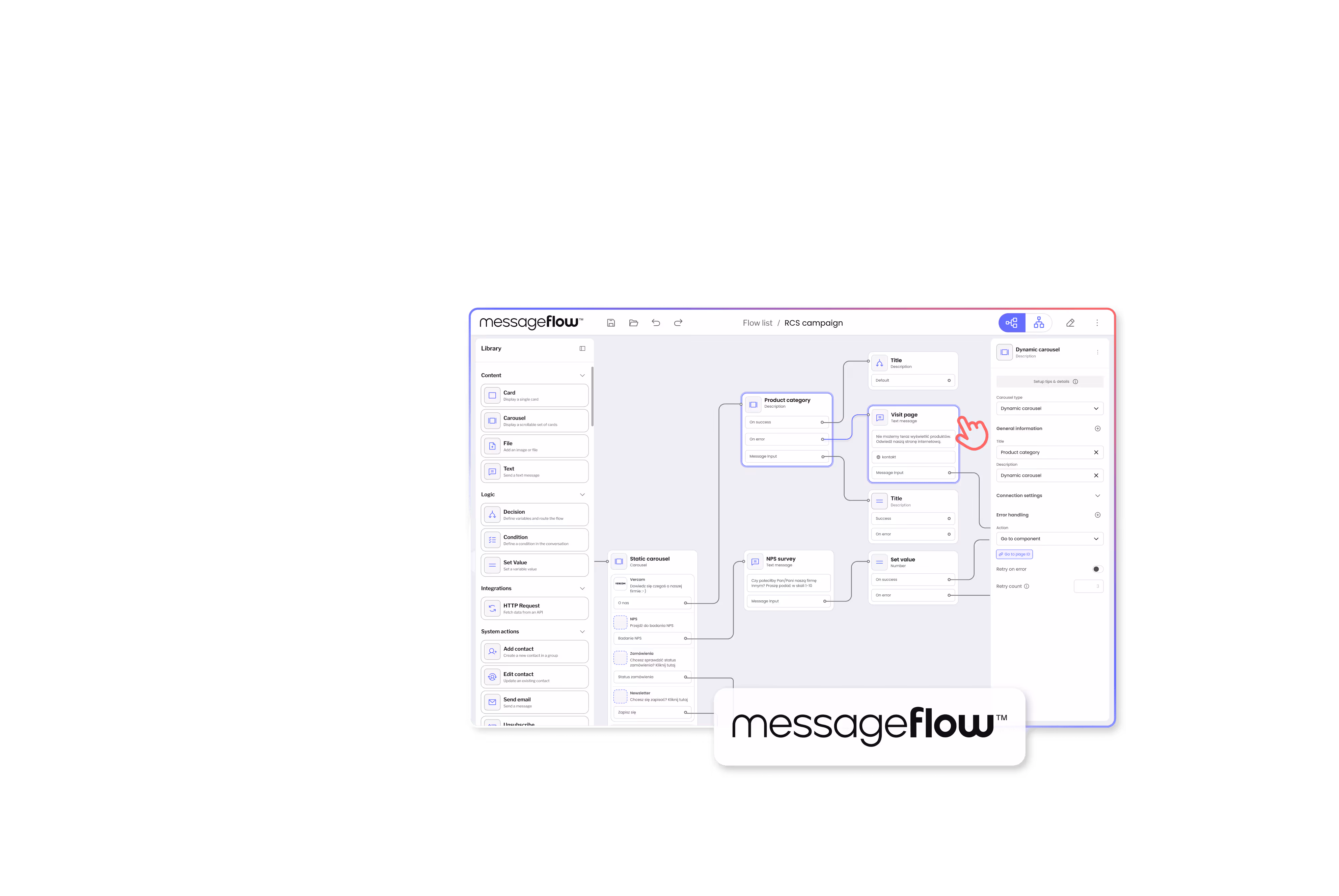 Screenshot of messageflow software interface showing a drag-and-drop flowchart for creating an RCS campaign with components like product category, visit page, and NPS survey.