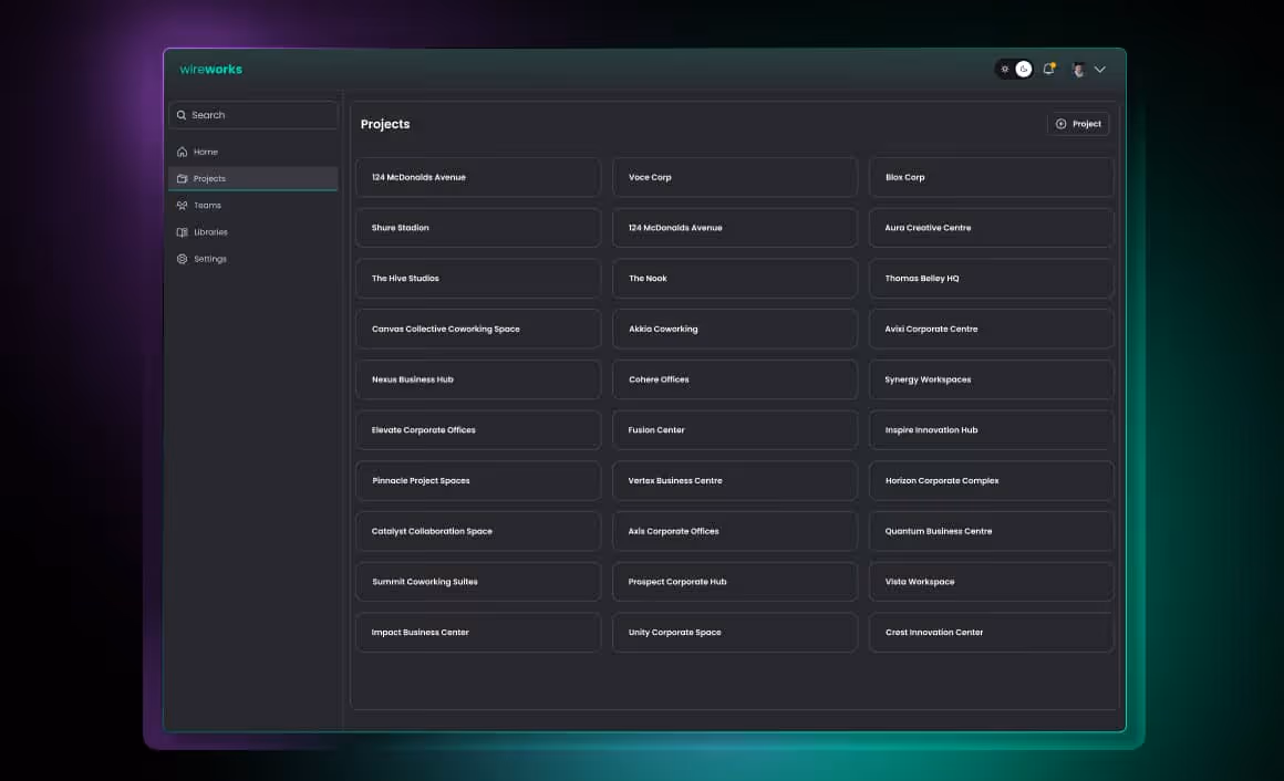 Wireworks project dashboard screen showing a dark interface with a sidebar menu and a grid of project names in three columns.
