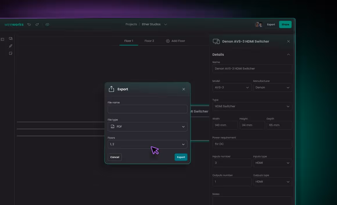 User interface screen showing an export dialog for a PDF file export with floor selection, alongside device details for a Denon AVS-3 HDMI Switcher.