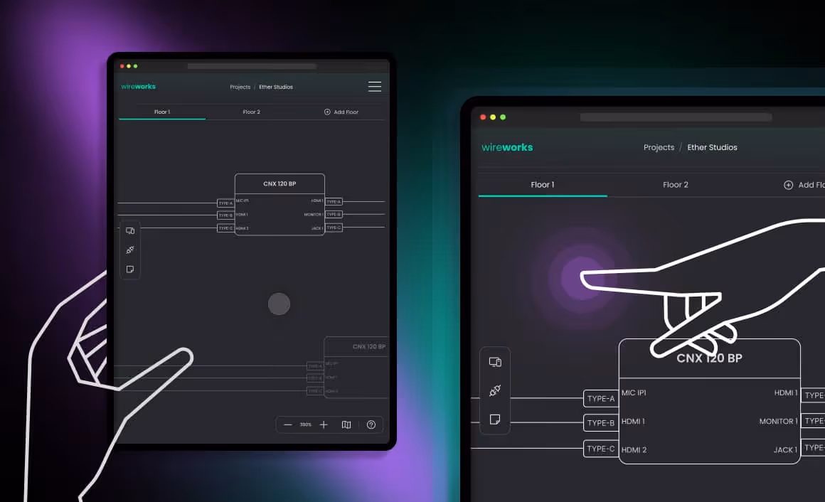 Tablet and computer screens displaying Wireworks interface for managing floor-specific wiring diagrams with hand icons pointing to connectors.