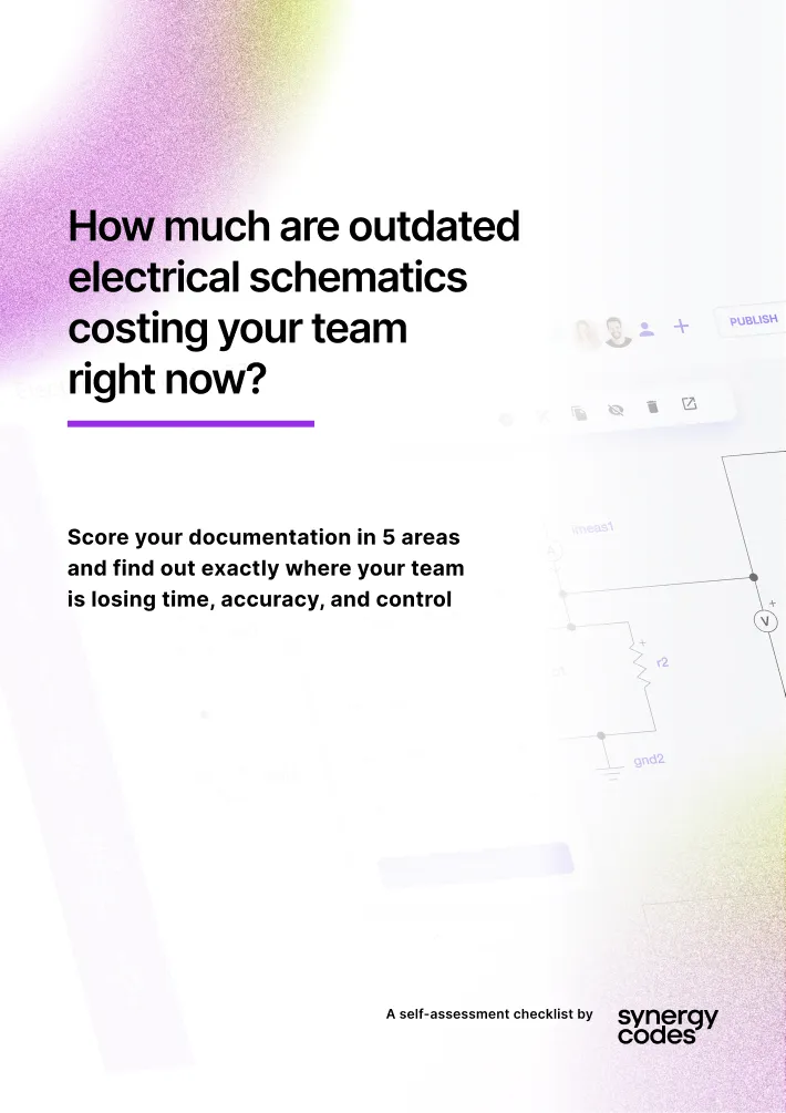 Text asking how outdated electrical schematics cost teams, with a checklist offer by Synergy Codes.